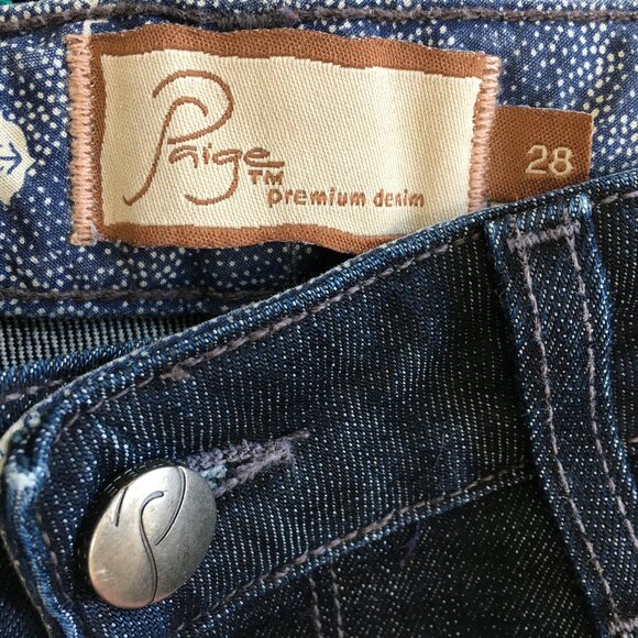 PAIGE Denim Dark Wash BEL AIR Classic Rise Boot Cut 5 Pocket Logo Hardware Jeans - Picture 2 of 12